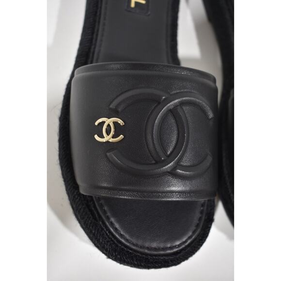 Chanel 23C Black Lambskin Leather CC Logo Slide Sandal Slip Espadrille Flat 37 - Picture 5 of 12